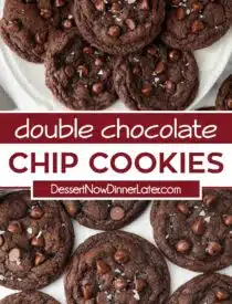 Pinterest collage of Double Chocolate Chip Cookies with two images and text in the center.