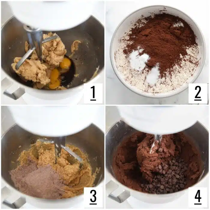 Steps to make chocolate chocolate chip cookies.