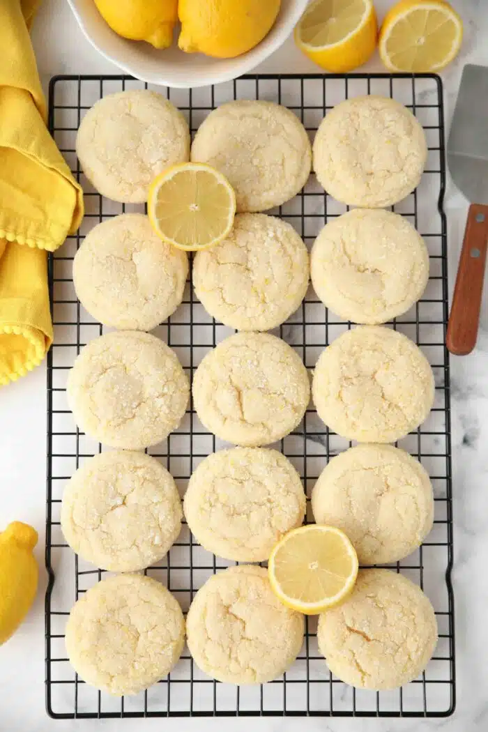 Lemon sugar cookies on a wire cooling rack.