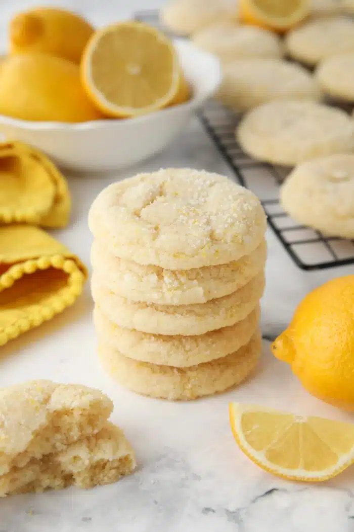 Stack of Lemon Cookies with lemon zested sugar on the outside.