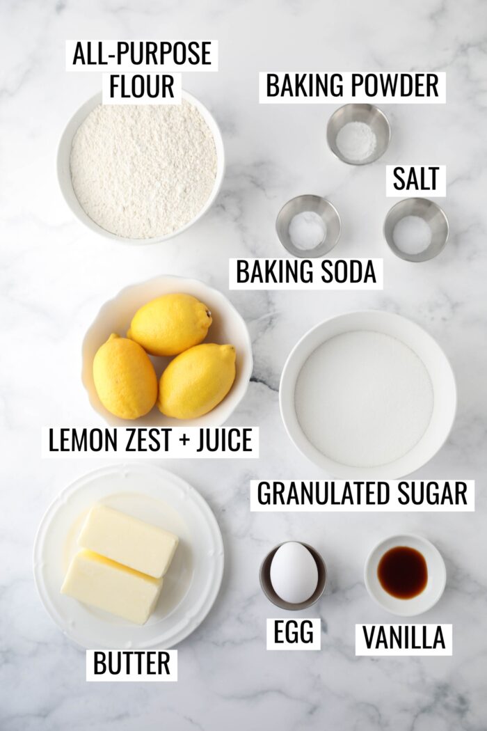 Labeled ingredients needed to make Lemon Cookies Recipe.