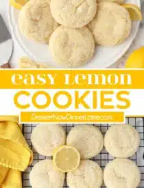 Pinterest collage of Lemon Cookies Recipe with two images and text in the center.