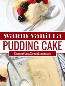 Pinterest collage of Vanilla Pudding Cake with two images and text in the center.