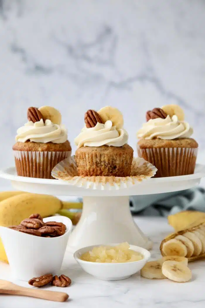 Wrapper removed from a banana pineapple pecan cupcake to show texture.