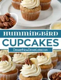 Pinterest collage of Hummingbird Cupcakes with two images and text in the center.
