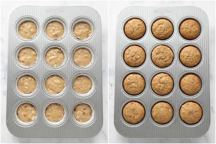 Before and after baking hummingbird cupcakes in a muffin pan.