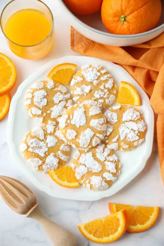 Plate of orange crinkle cookies and orange slices.