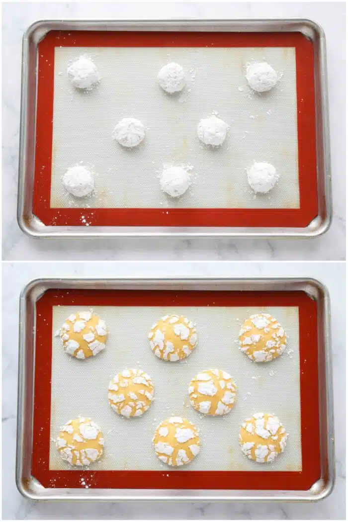 Before and after baking orange crinkle cookies.