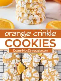 Pinterest collage of Orange Crinkle Cookies with two images and text in the center.