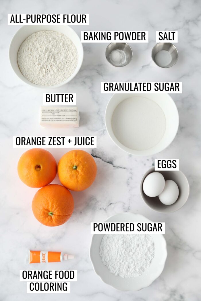 Labeled ingredients needed to make orange crinkle cookies.