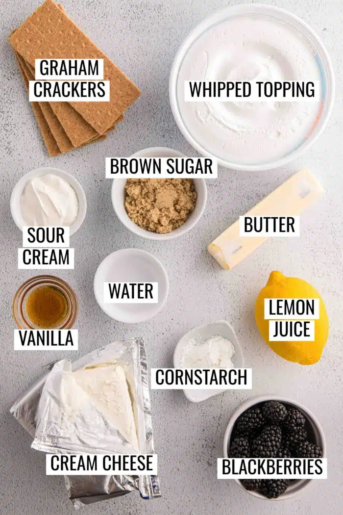 Labeled ingredients needed to make no bake blackberry cheesecake recipe.