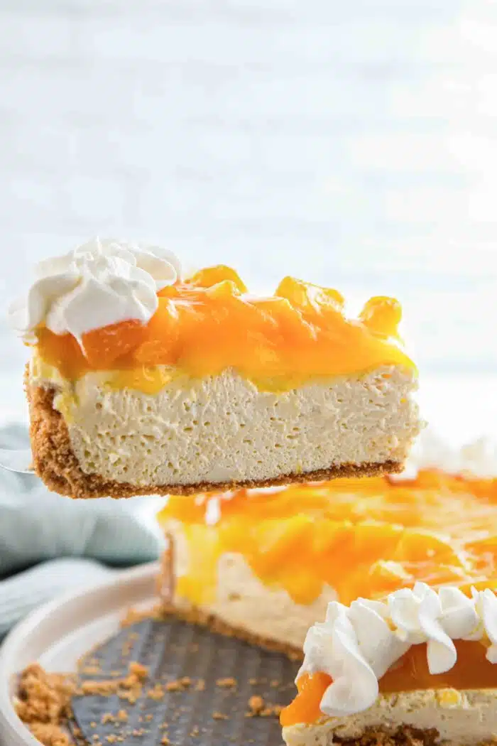 Lifting a slice of peach cheesecake from the pan.