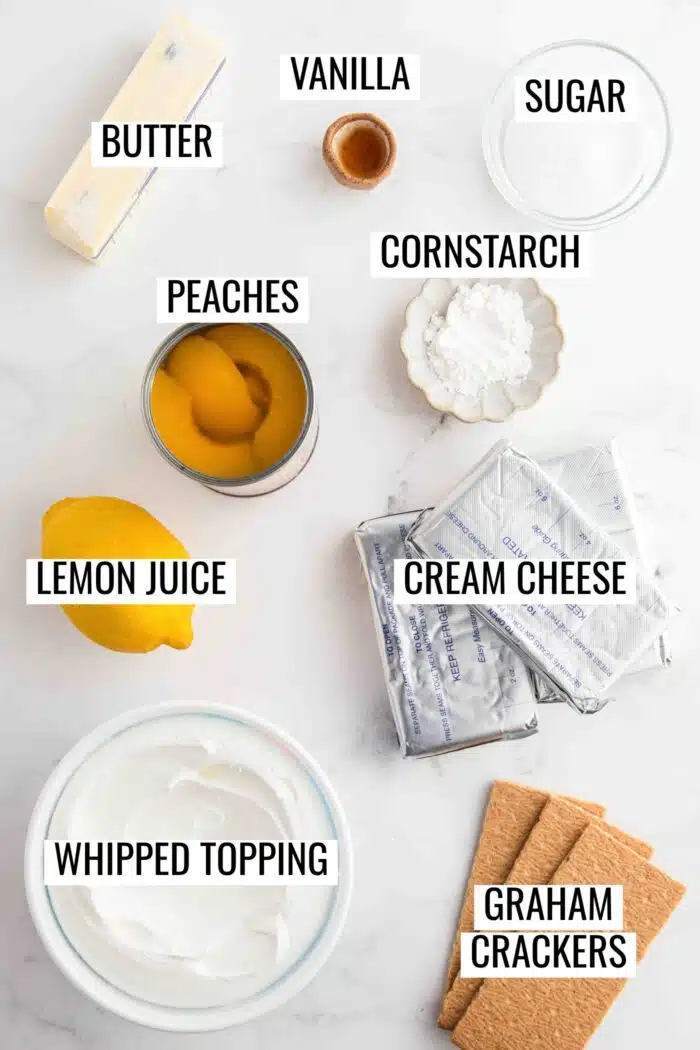 Labeled ingredients needed to make No Bake Peach Cheesecake.