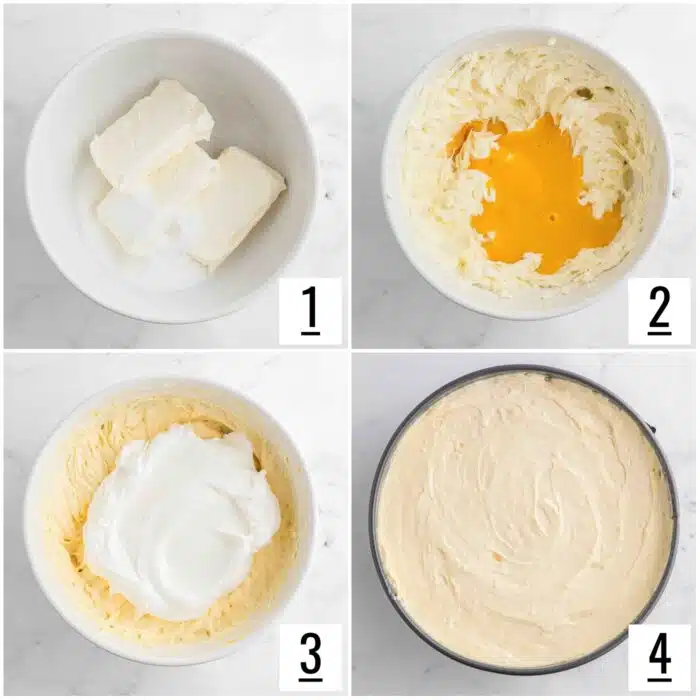 Steps to make no bake peach puree cheesecake filling.