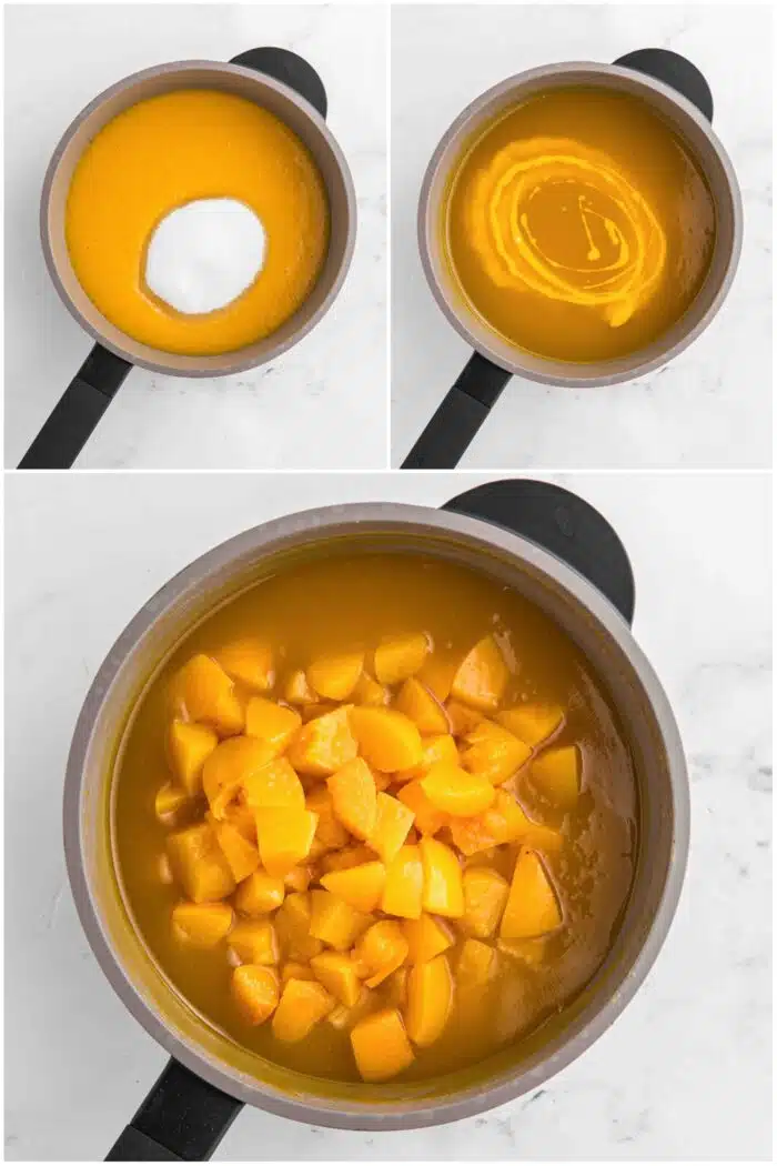 Steps to make peach topping with fresh or canned peaches.