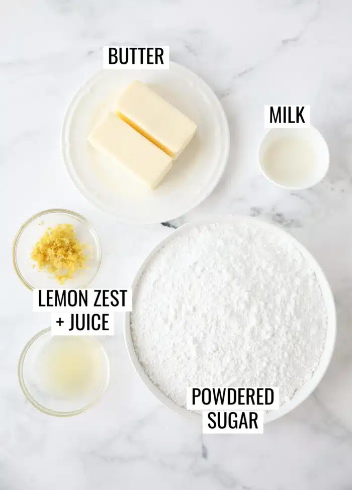 Labeled ingredients needed to make lemon frosting.