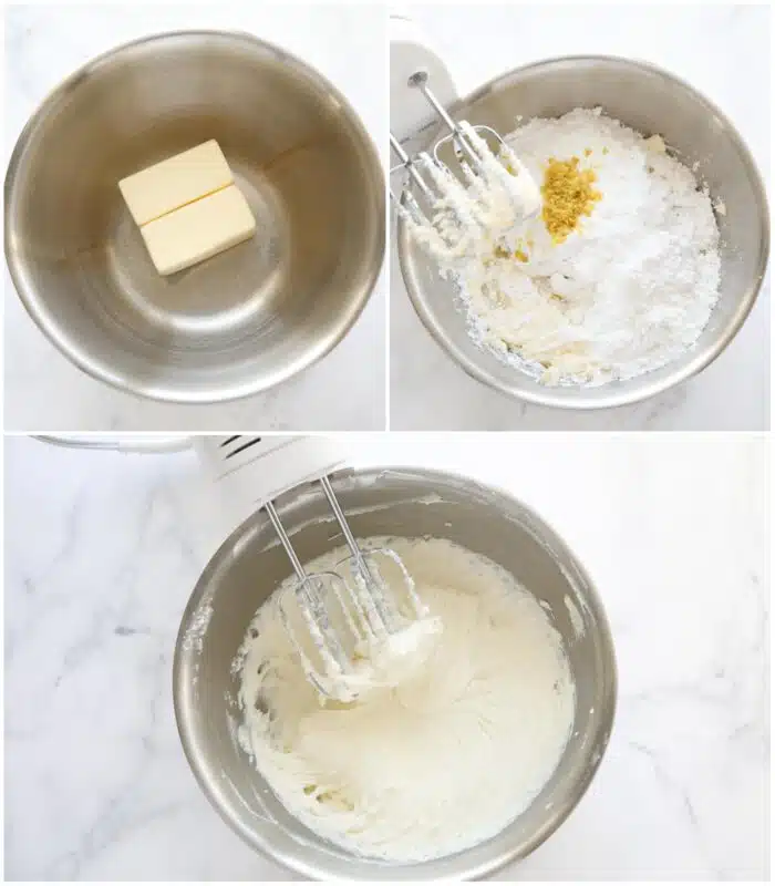 Steps to make lemon buttercream frosting.