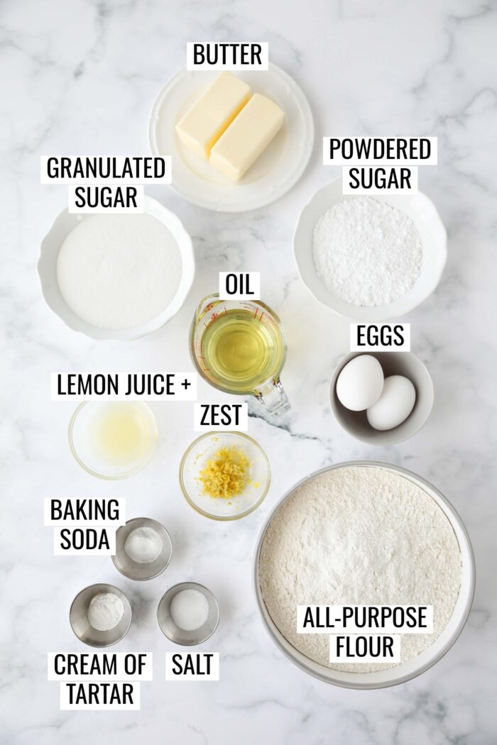 Labeled ingredients needed to make lemon sugar cookies.
