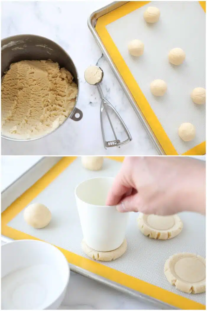 Scooping and flattening lemon sugar cookies.