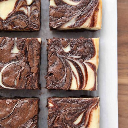 Close up of swirls in cheesecake brownies.