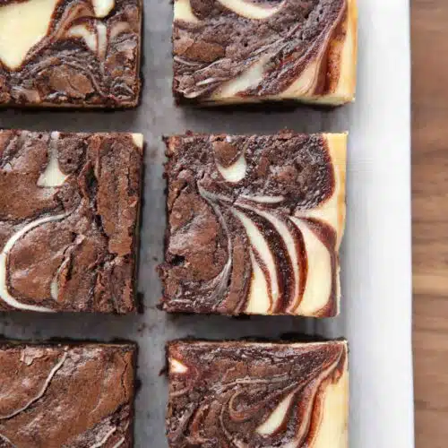Close up of swirls in cheesecake brownies.