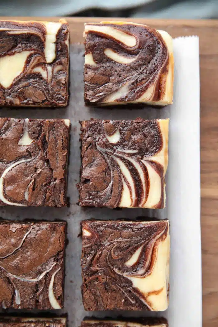 Close up of swirls in cheesecake brownies.