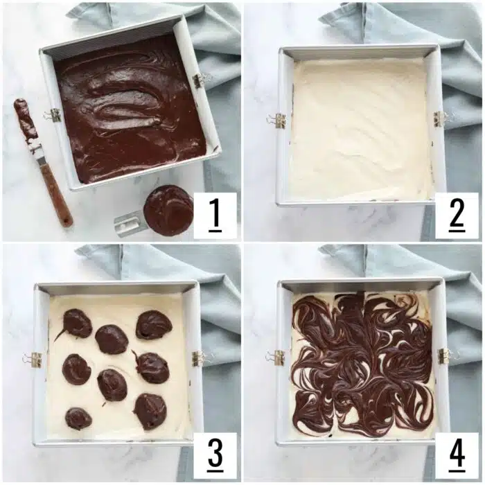 Steps to assemble cream cheese brownies.