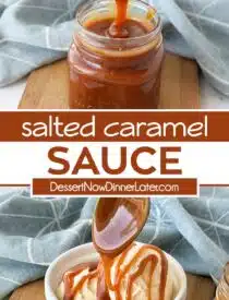 Pinterest collage of Salted Caramel Sauce with two images and text in the center.