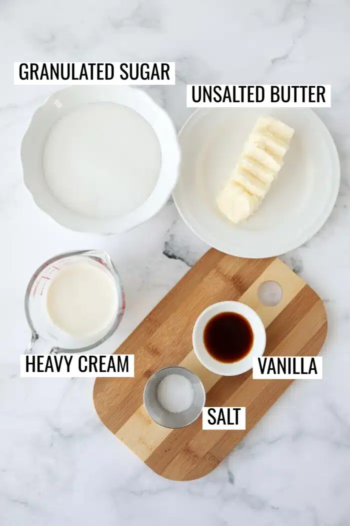 Labeled ingredients for salted caramel sauce.