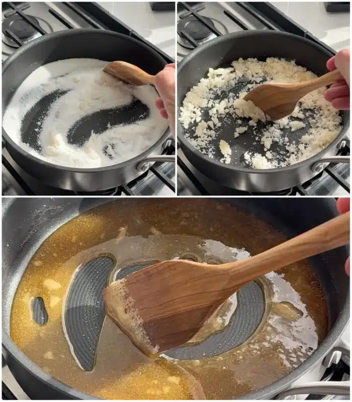 Steps to make caramel sauce using the dry method.