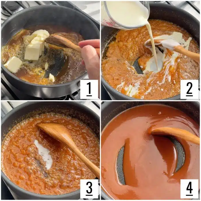 Steps to make salted caramel sauce with sugar, butter, cream, vanilla, and salt.